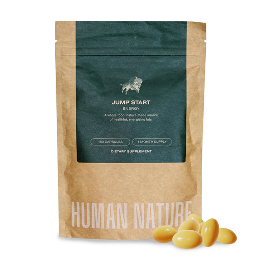 Human Nature Jump Start bottle shows bison tallow for natural energy on the label