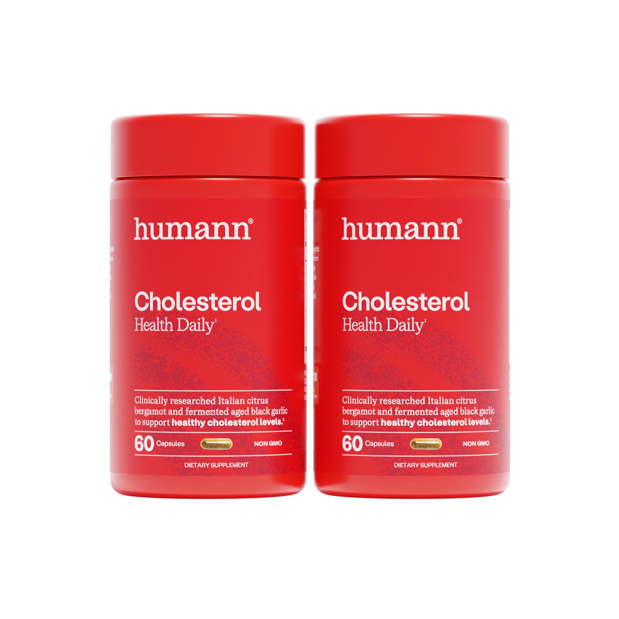 Humann Cholesterol Health bottle shows a convenient two-capsule daily serving for heart-friendly support