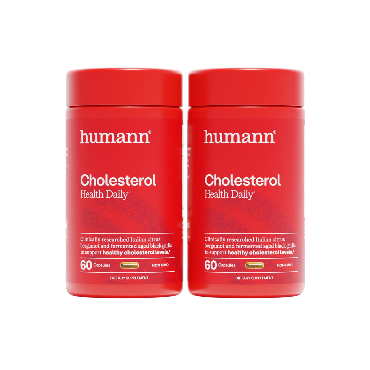 Humann Cholesterol Health bottle shows a convenient two-capsule daily serving for heart-friendly support