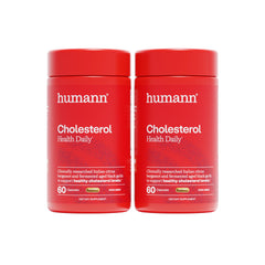 Humann Cholesterol Health bottle shows a convenient two-capsule daily serving for heart-friendly support