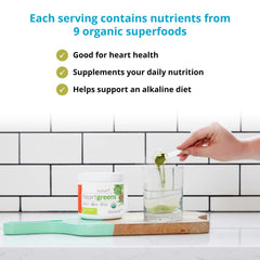 Humann HeartGreens 5.29 oz canister on kitchen counter.