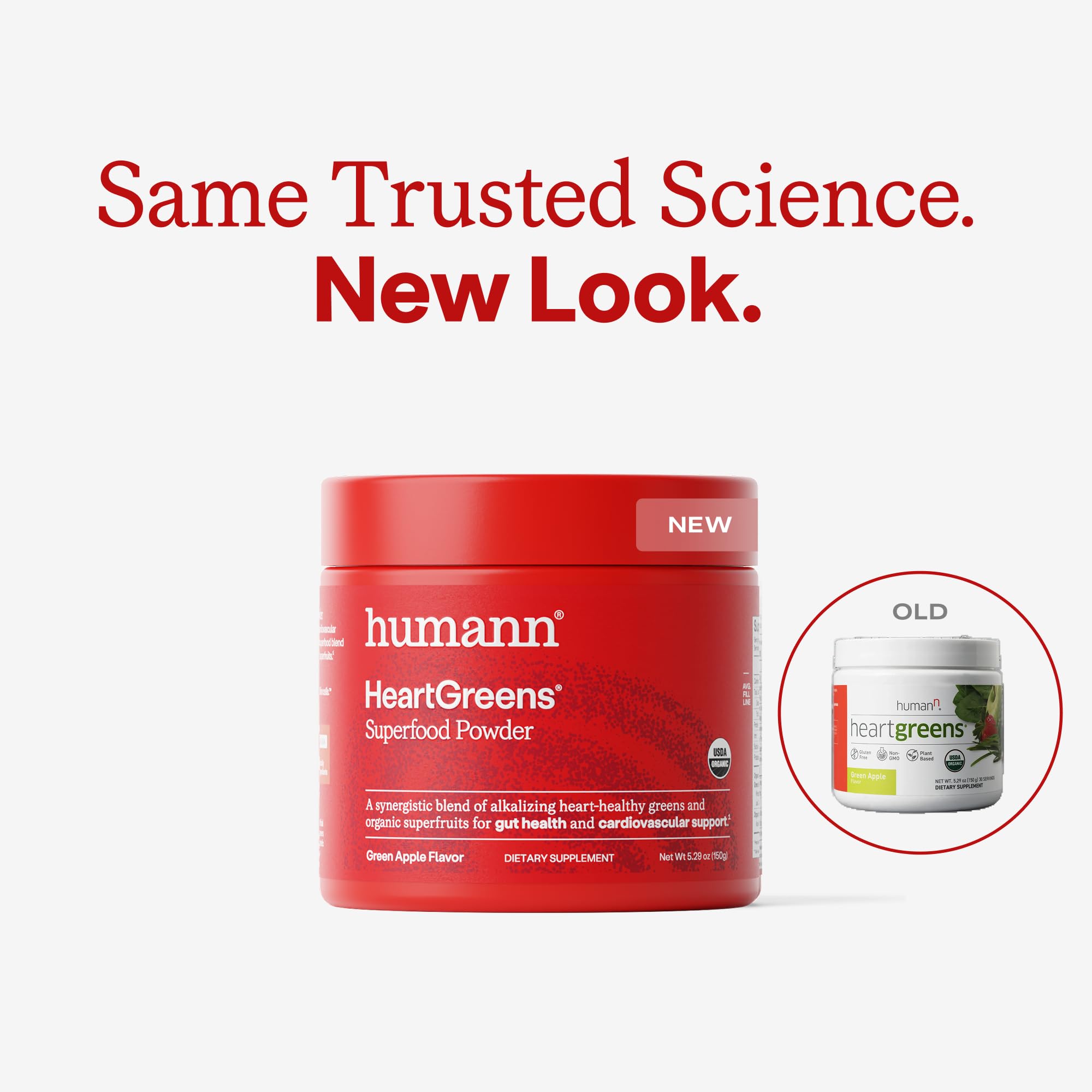 HumanN HeartGreens open canister with scoop showing serving presentation and convenience
