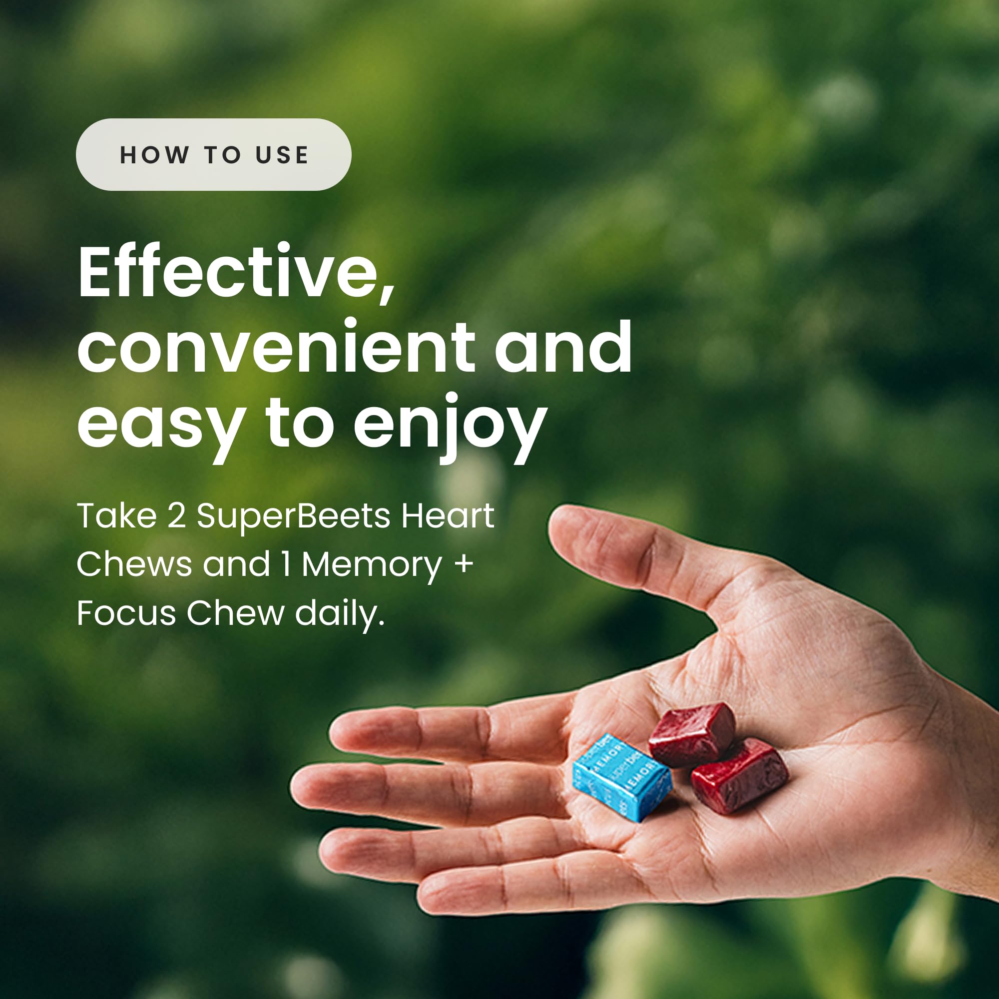 Humann Memory Focus Chews pomegranate-berry flavor label close-up.