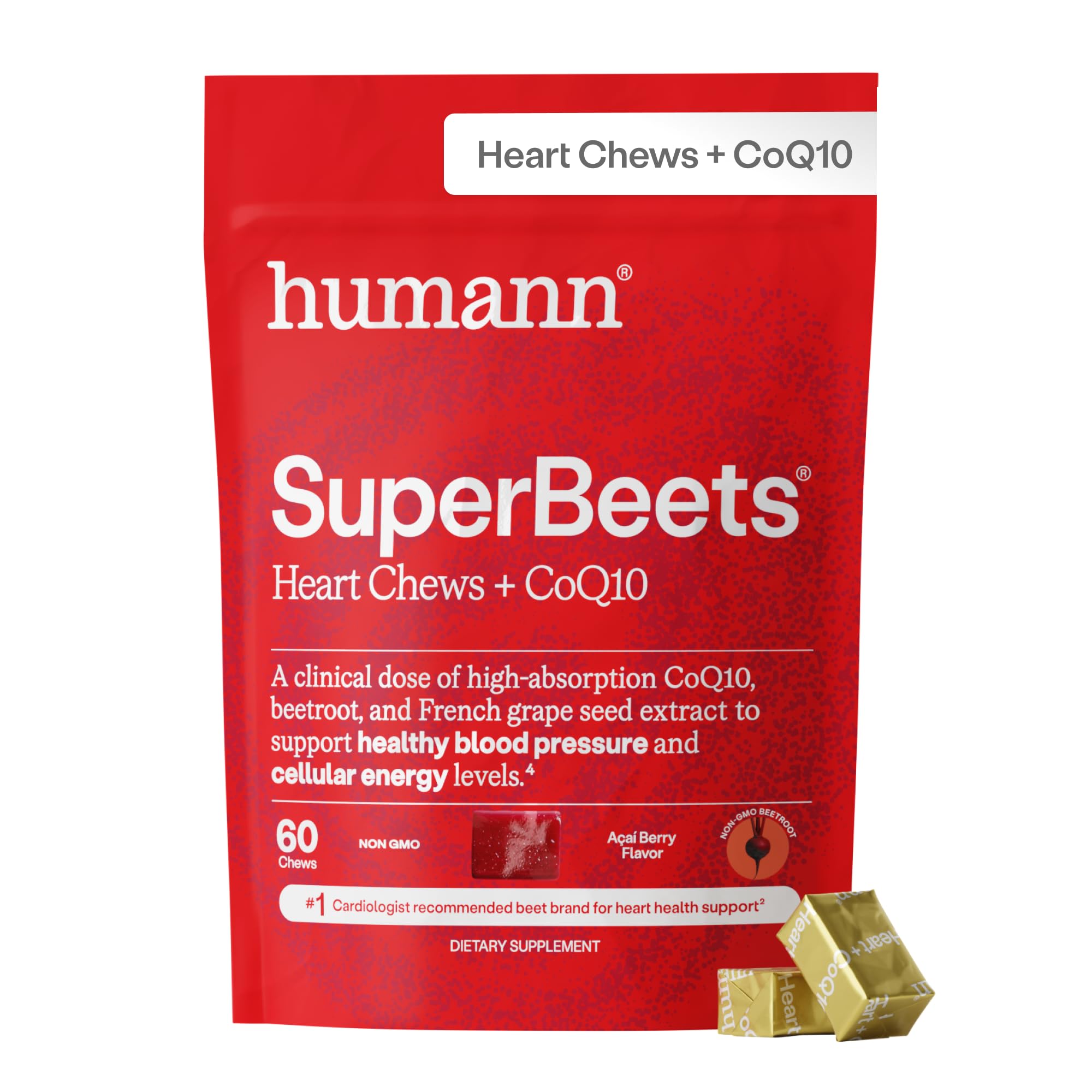 Humann SupBeets Heart Chews bottle showcases non-GMO beetroot formula for heart support.