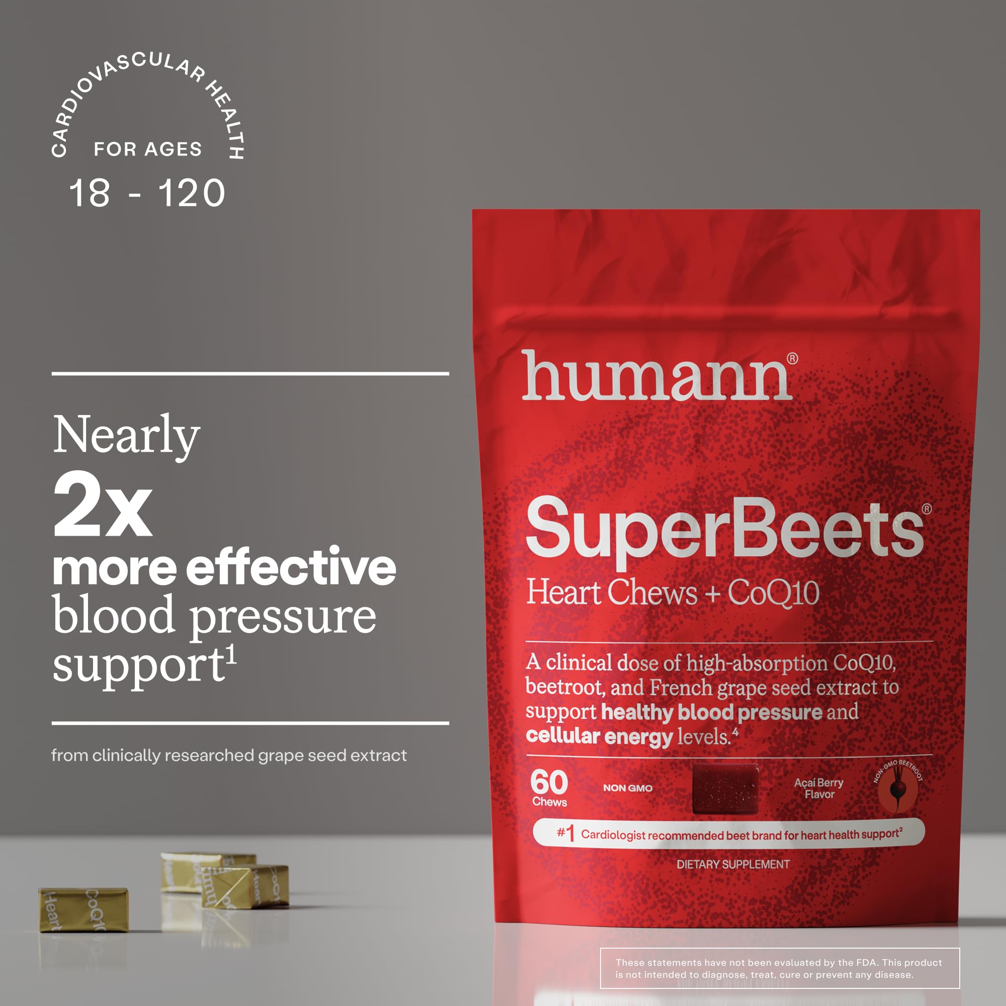 Serving spoon beside Humann SupBeets Heart Chews suggests daily use.