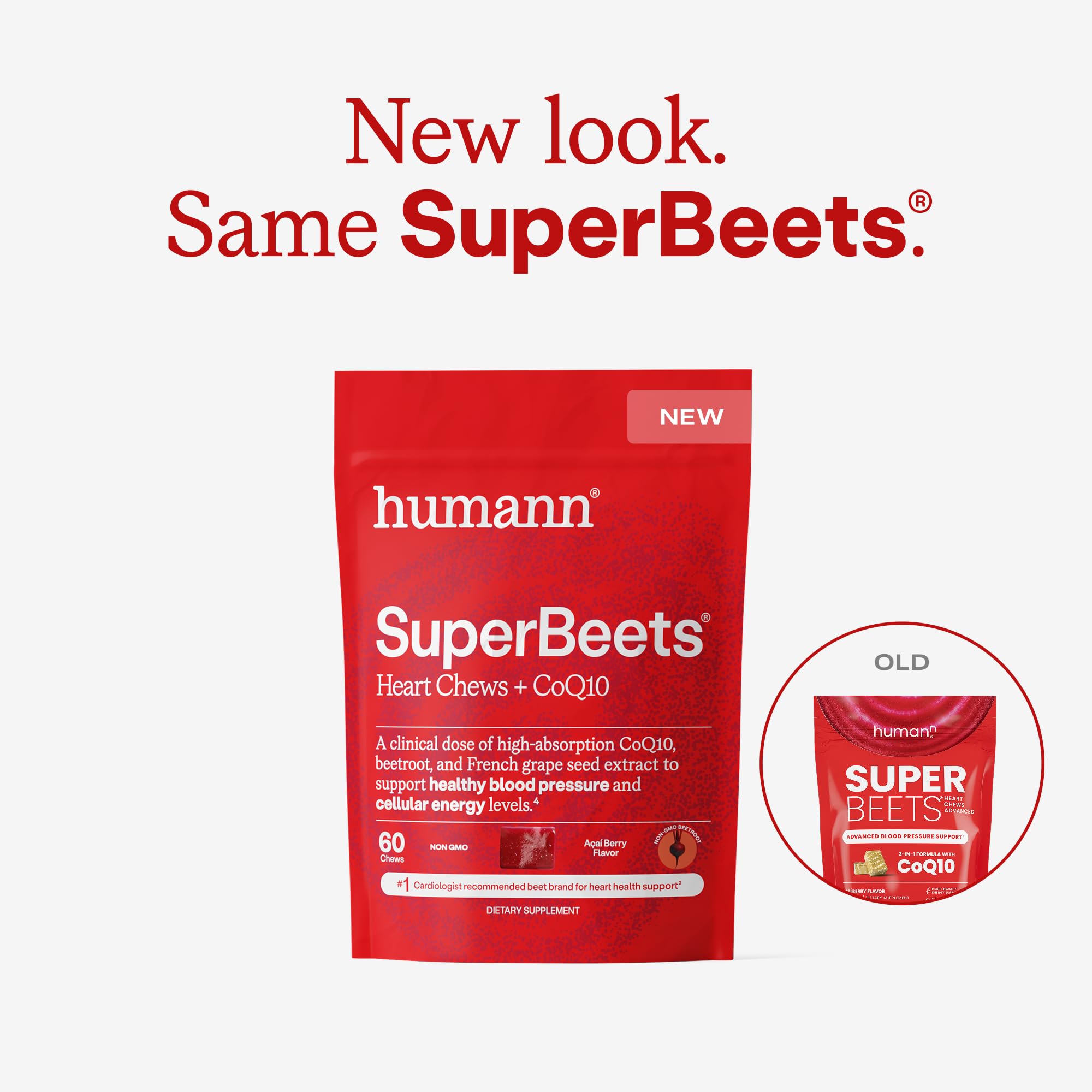 Humann SupBeets Heart Chews label highlights CoQ10 and grape seed extract for energy support.