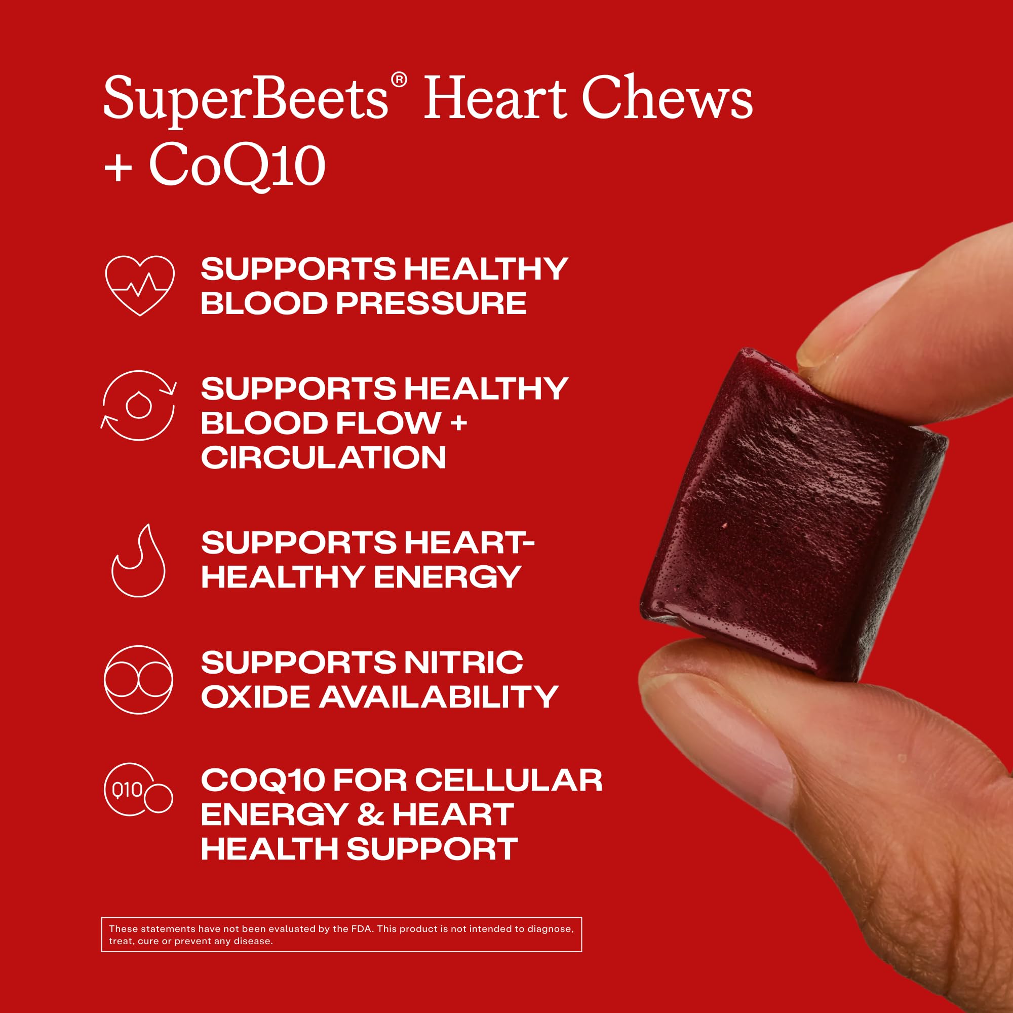 Texture and burgundy color of Humann SupBeets Heart Chews shown beside the bottle.