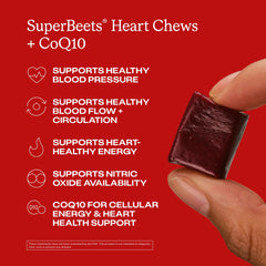 Texture and burgundy color of Humann SupBeets Heart Chews shown beside the bottle.