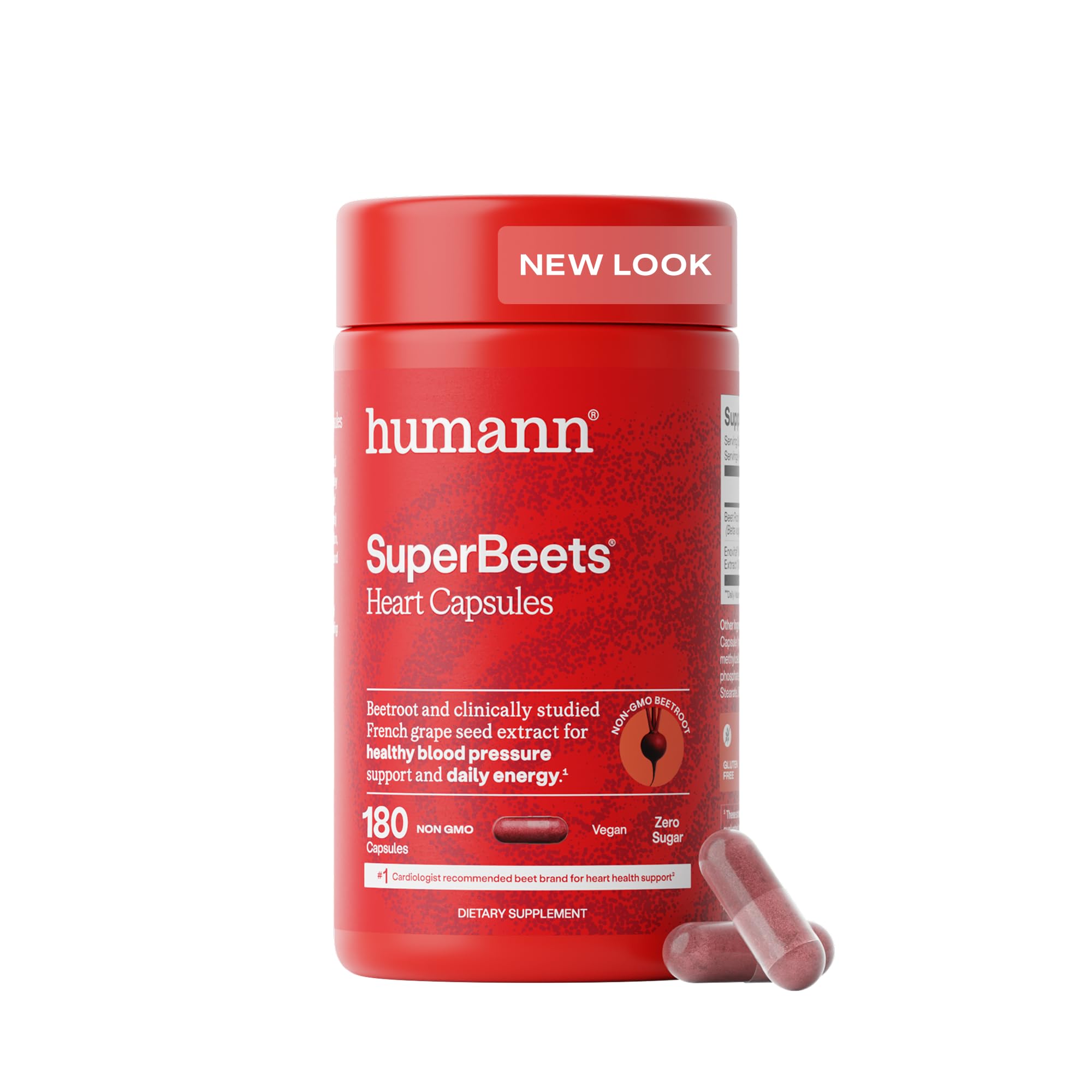 Humann SuperBeets bottle front label highlighting quick-release capsules for daily support