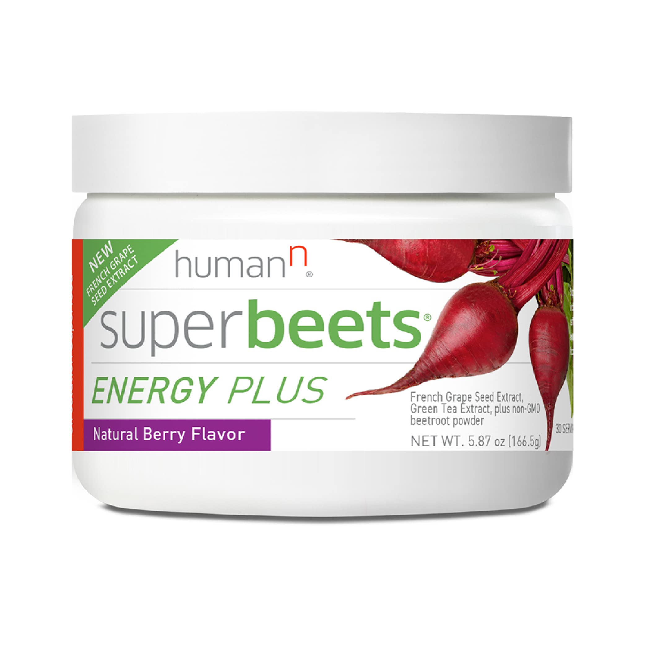 Humann SuperBeets Energy Plus bottle front with berry flavor for clean energy and focus.