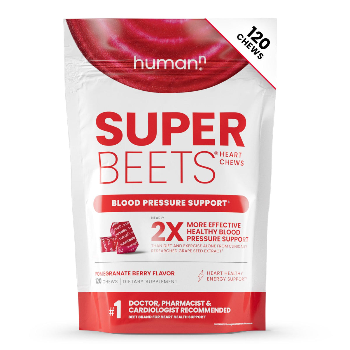 Humann SuperBeets heart chews bottle front showing label and grape seed extract benefits