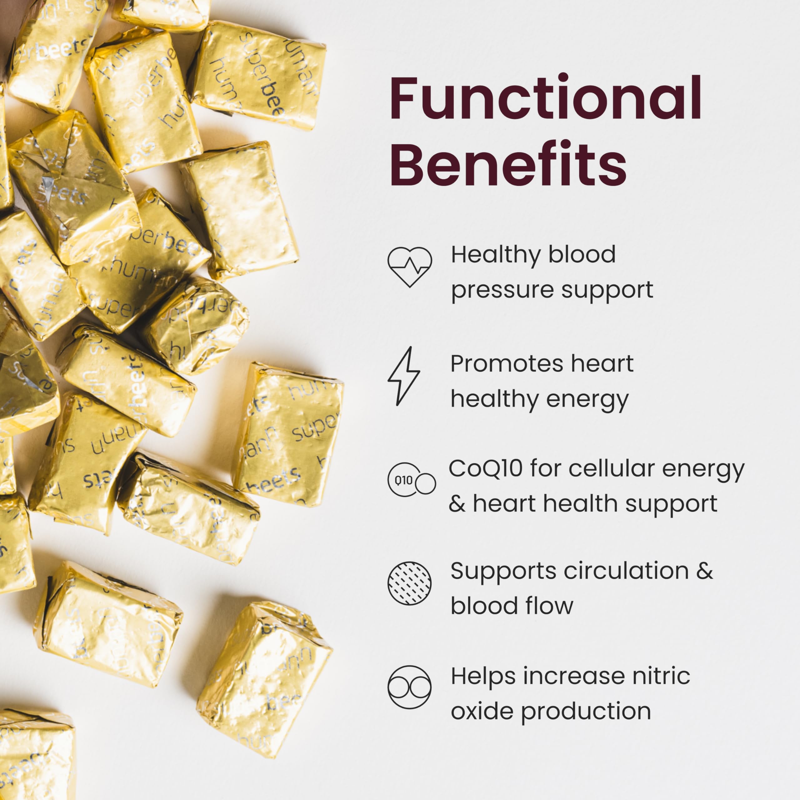 Humann SuperBeets Heart Chews label shows beetroot and grape seed visuals.
