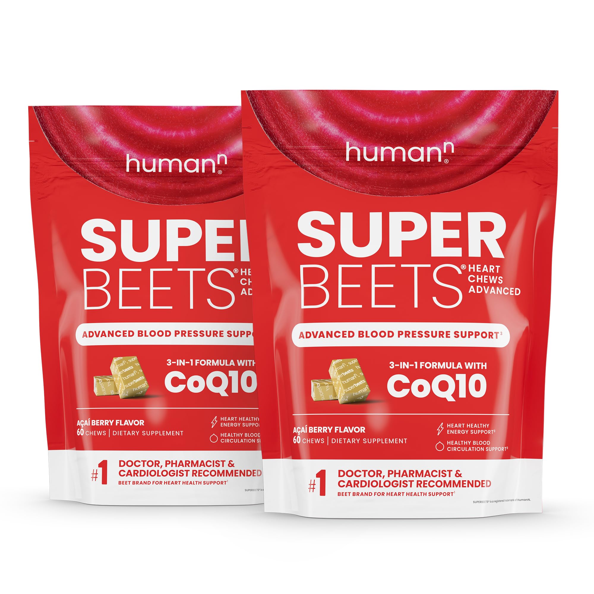 Humann SuperBeets Heart Chews jar front shows 120-count for daily convenience.