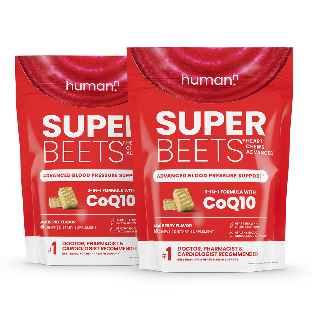 Humann SuperBeets Heart Chews jar front shows 120-count for daily convenience.