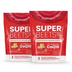 Humann SuperBeets Heart Chews jar front shows 120-count for daily convenience.