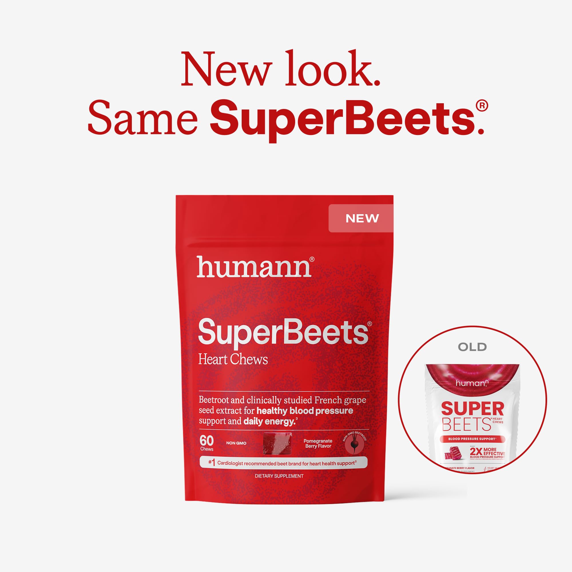 Humann SuperBeets Heart Chews packaging label highlighting grape seed extract for circulation support.