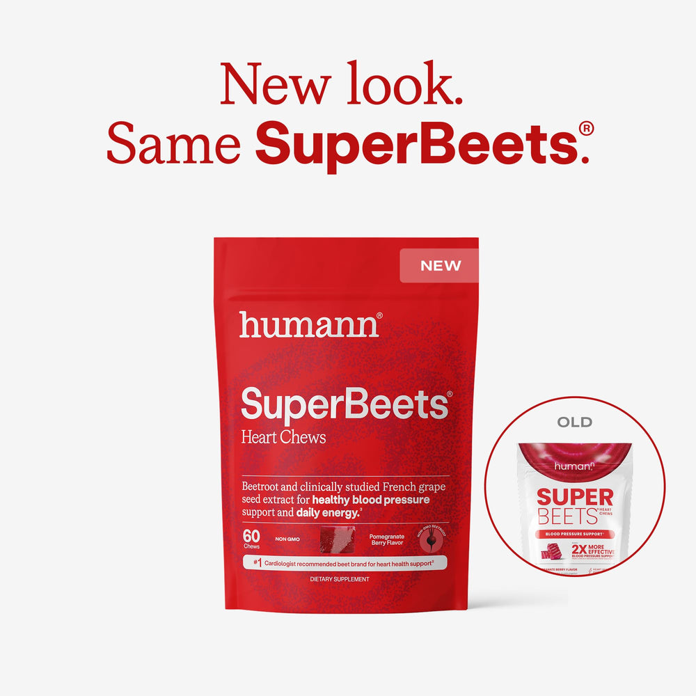 Humann SuperBeets Heart Chews packaging label highlighting grape seed extract for circulation support.