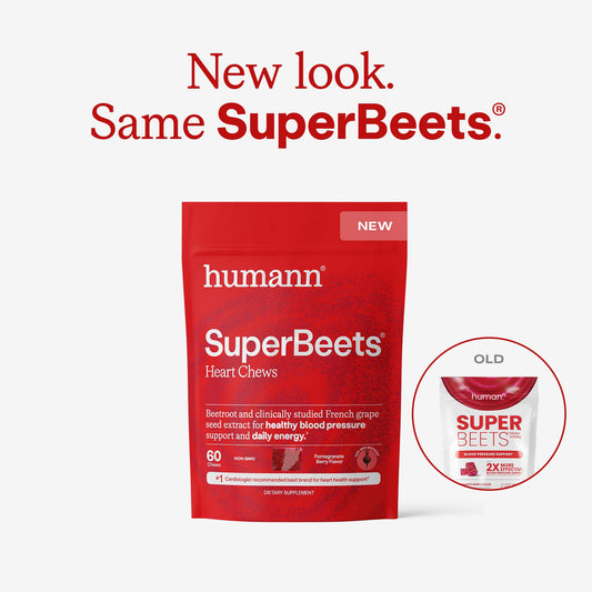 Humann SuperBeets Heart Chews packaging label highlighting grape seed extract for circulation support.