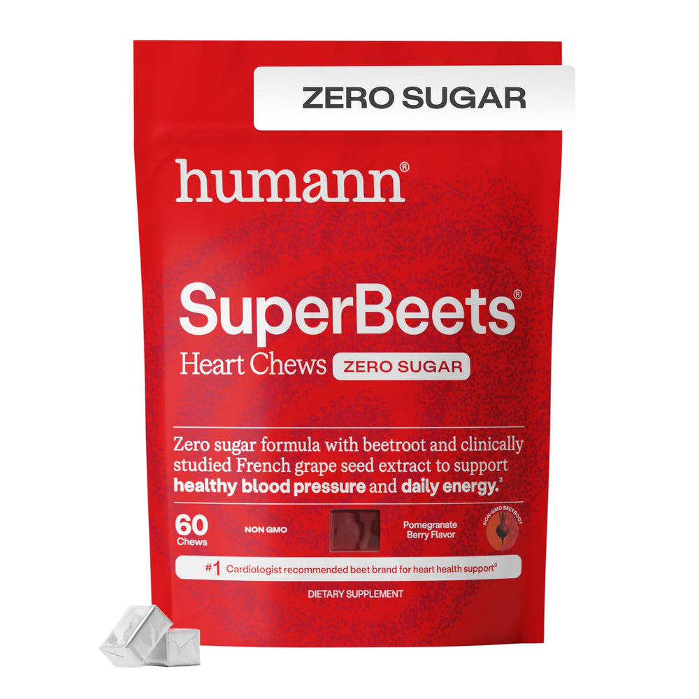 Humann SuperBeets Heart Chews packaging highlighting zero sugar and convenience.