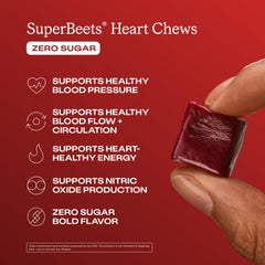 Humann SuperBeets Heart Chews pomegranate berry flavor on wrapper for daily indulgence.
