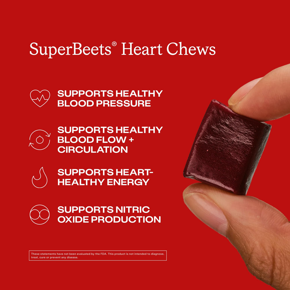 Humann SuperBeets Heart Chews unwrapped chews showing chewy texture for on-the-go nutrition.