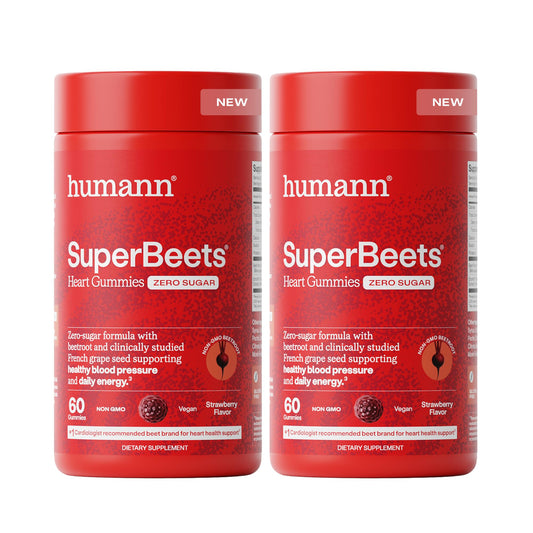 Humann SuperBeets Heart Gummies bottle front displaying strawberry flavor for daily use