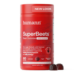 Humann SuperBeets Heart Gummies bottle showing energy support in a vegan formula.