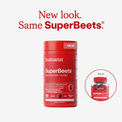 Closeup of Humann SuperBeets Strawberry Gummies highlighting vegan ingredients and flavor