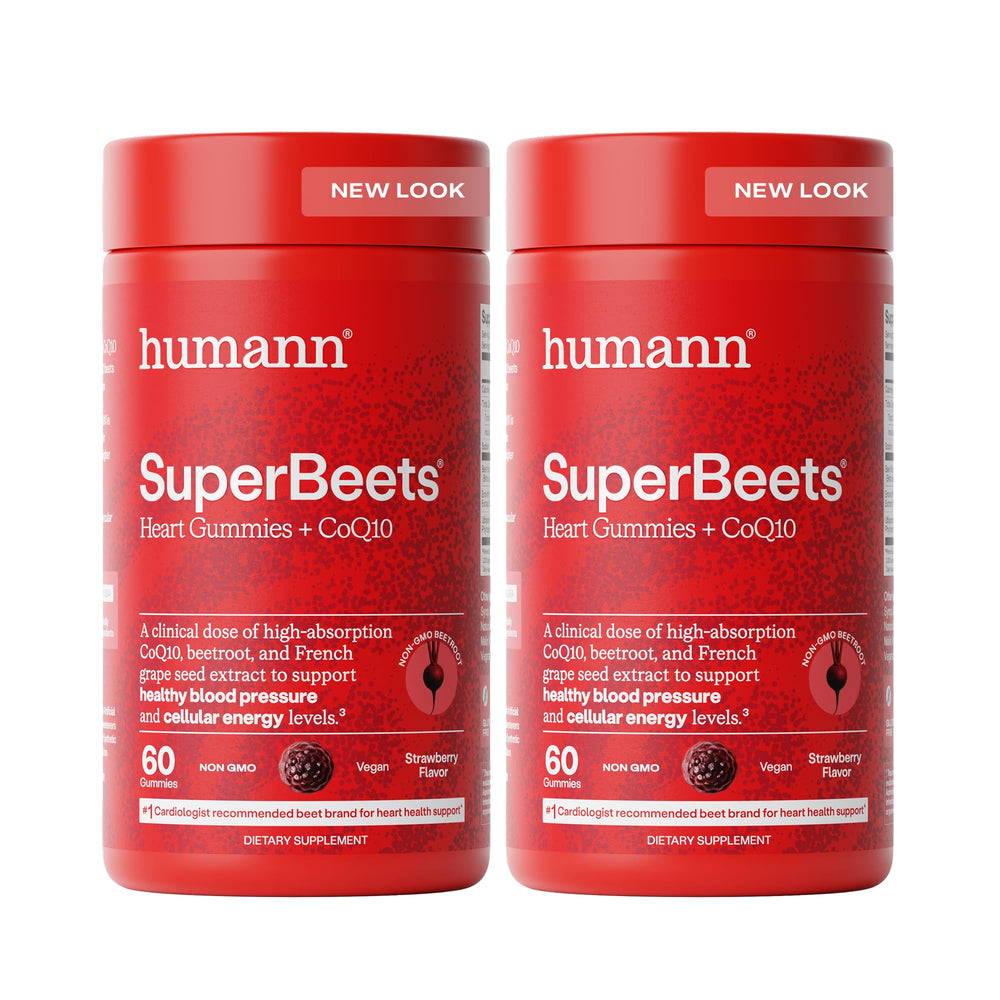 Humann SuperBeets Heart Gummies bottle shows daily energy support without caffeine