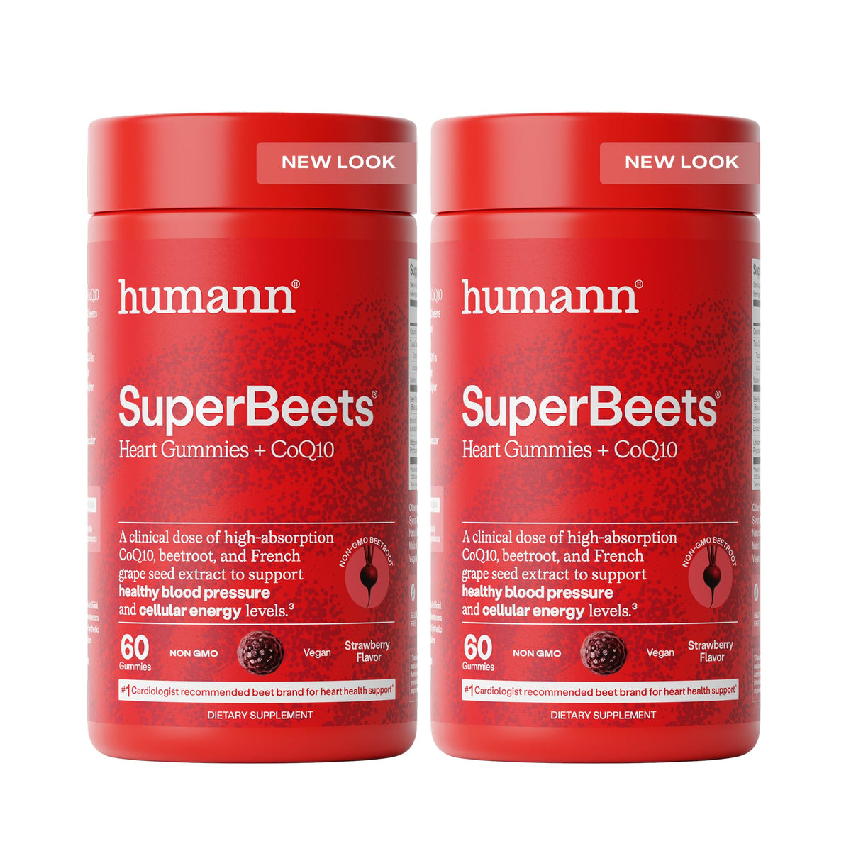 Humann SuperBeets Heart Gummies bottle shows daily energy support without caffeine