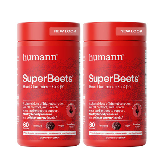 Humann SuperBeets Heart Gummies bottle shows daily energy support without caffeine