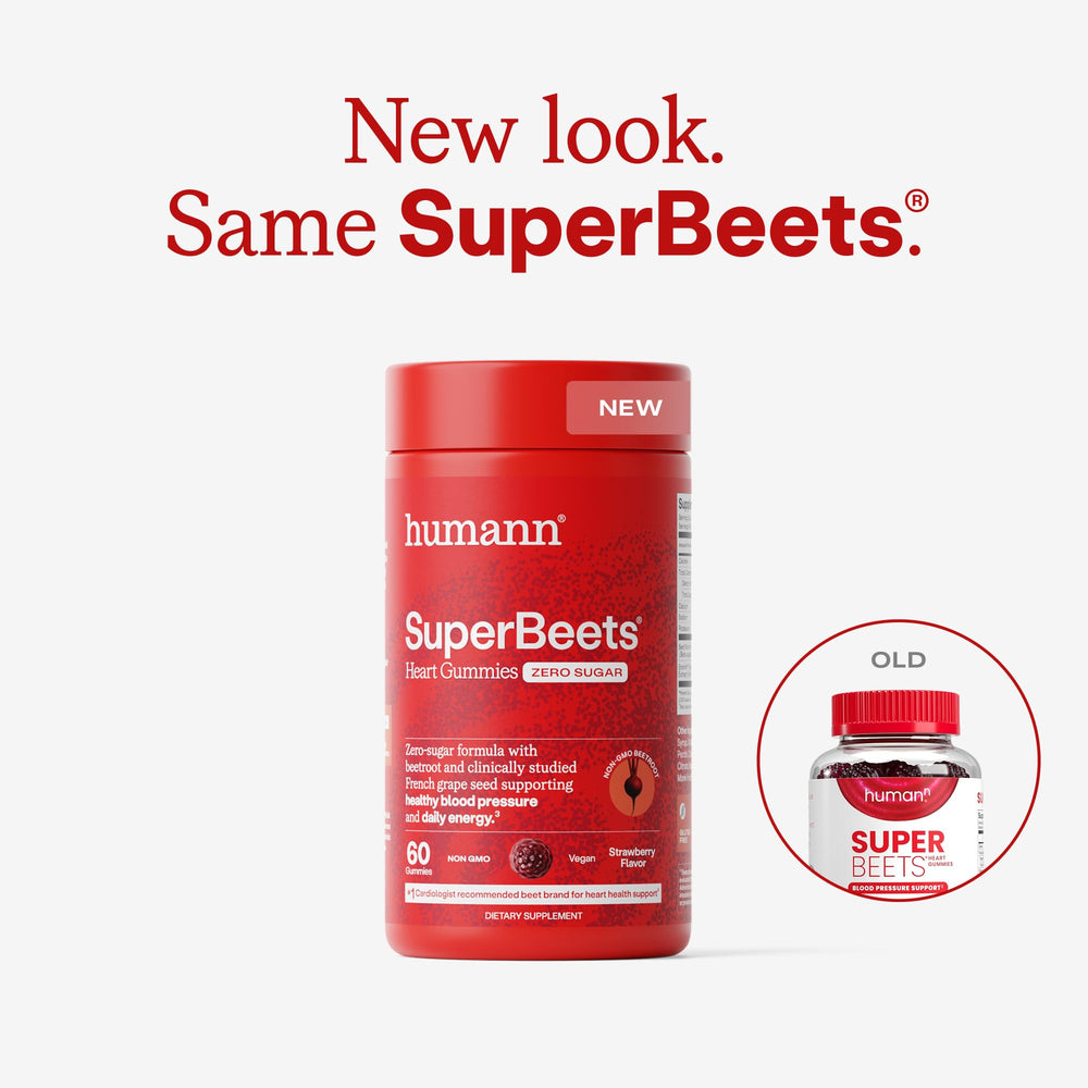 Humann SuperBeets ingredients close-up highlighting beetroot powder and grape seed extract.
