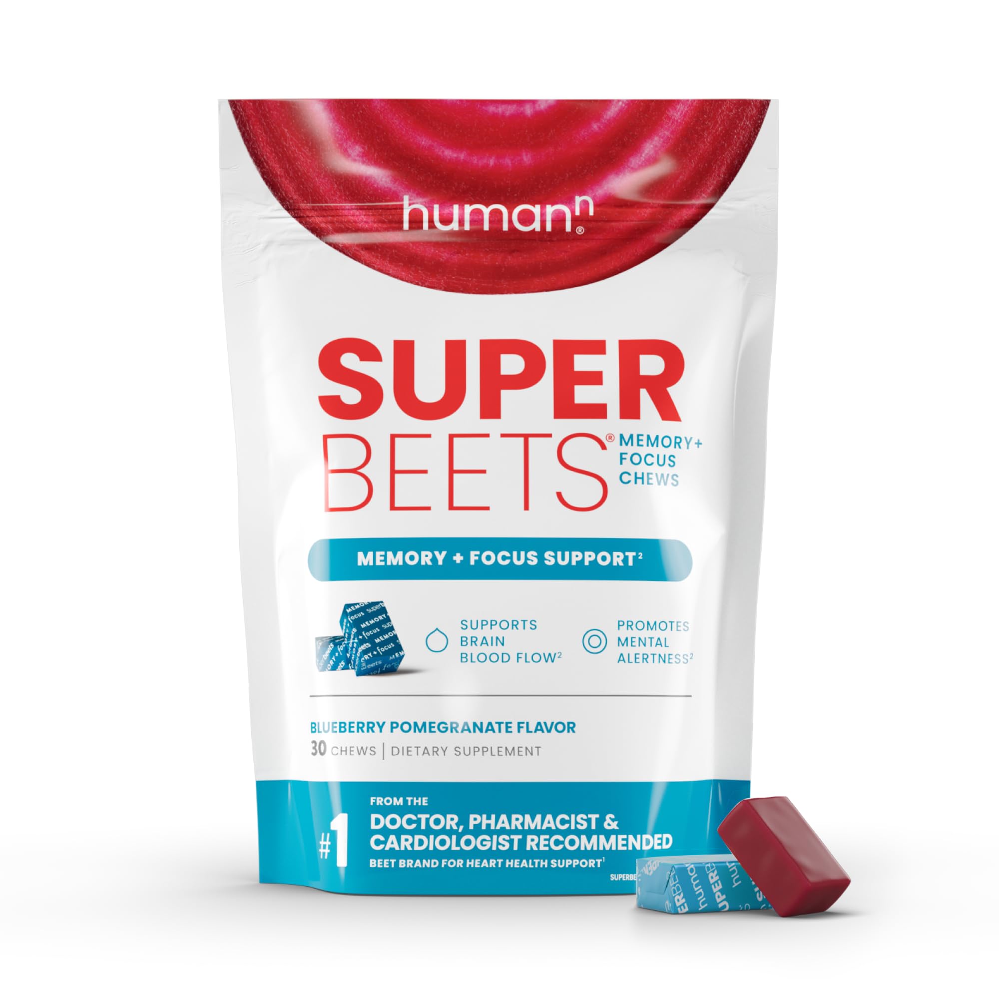 Humann SuperBeets packaging front showing blueberry-pomegranate flavor for daily brain support