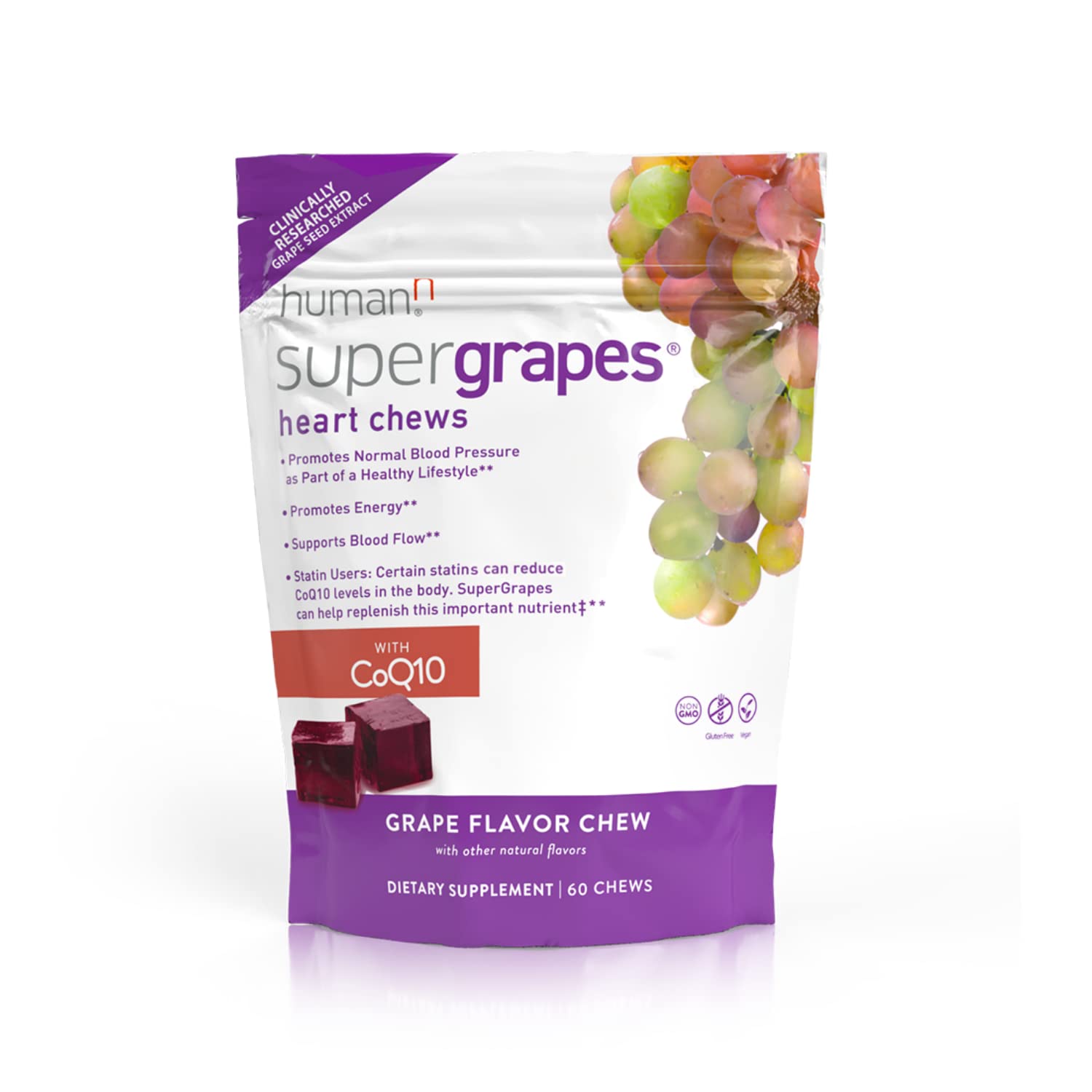 Humann SuperGrapes Chews bottle closeup with grape flavor and CoQ10 for daily use