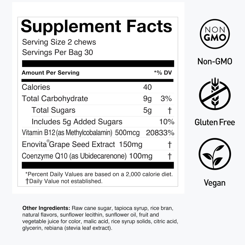 Humann SuperGrapes Chews grape flavor package shot highlighting vegan and non GMO status