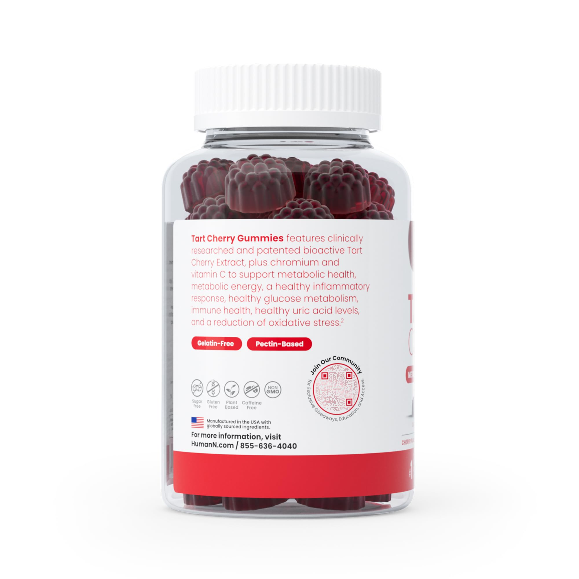 Humann Tart Cherry Gummies bottle dispensed, two gummies ready for daily routine.