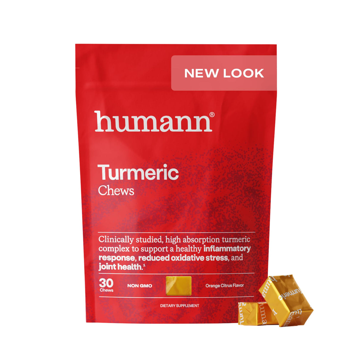 Humann Turmeric Chews in orange citrus flavor for easy daily antioxidant intake.