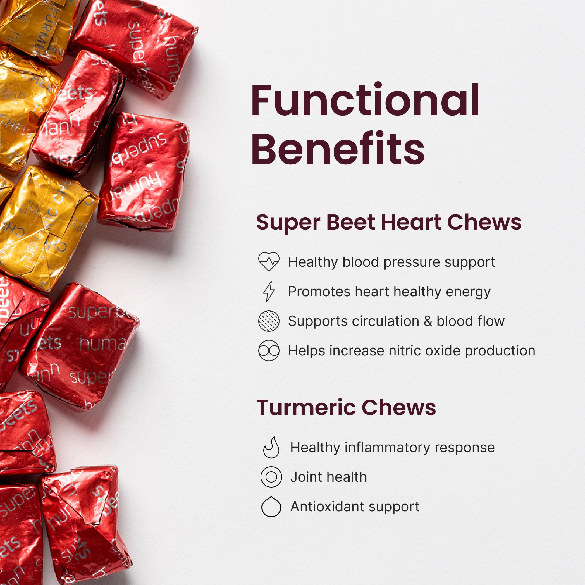 Humann Turmeric Chews soft chew closeup highlighting 300 mg TurmiPure Gold