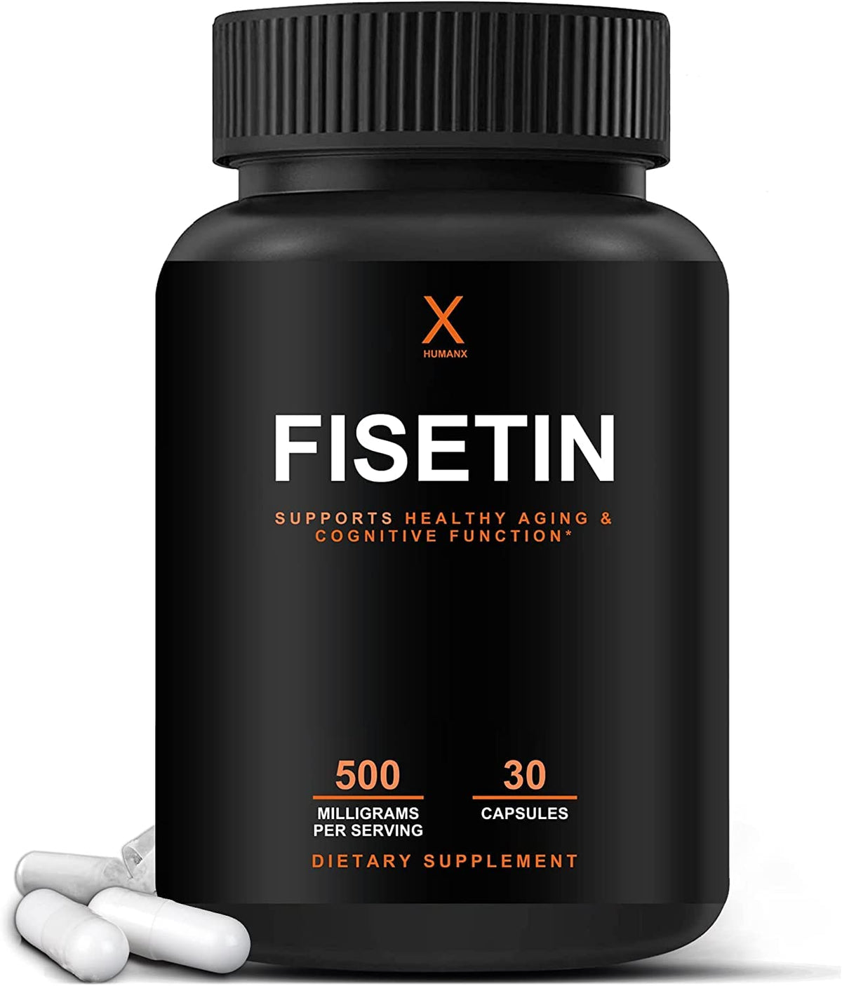 HUMANX Fisetin 500mg bottle front — USA-made capsules for cellular support