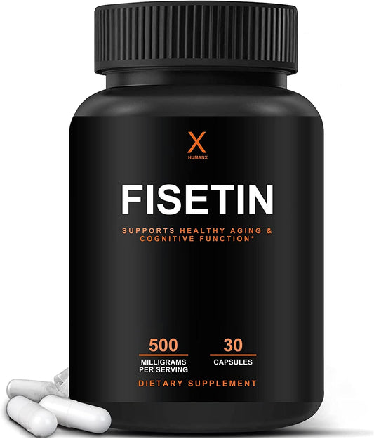 HUMANX Fisetin 500mg bottle front — USA-made capsules for cellular support