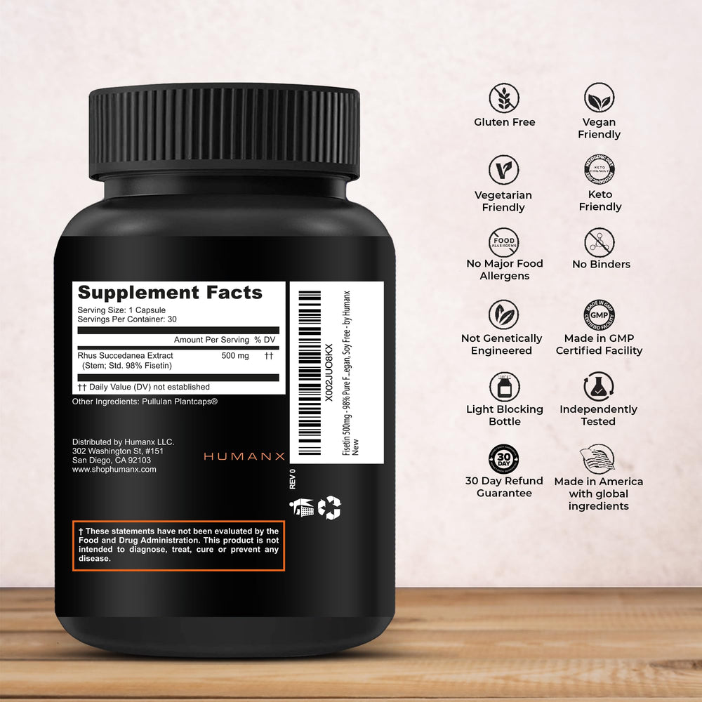 HUMANX Fisetin capsules closeup — 500mg serving for daily use