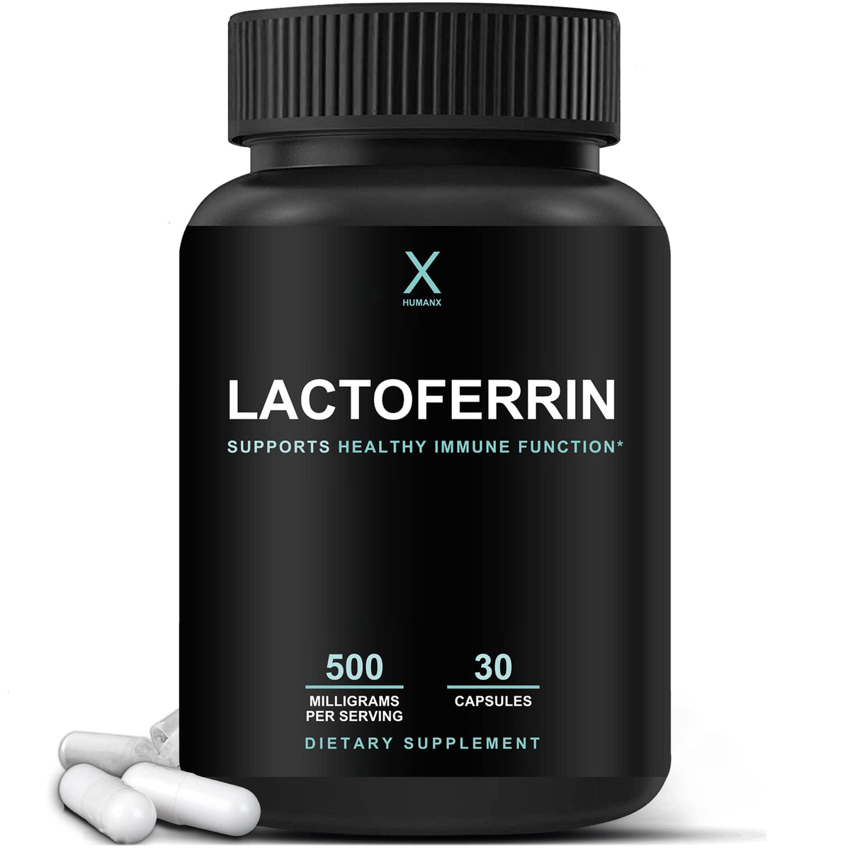 HUMANX Lactoferrin 500mg bottle front highlights the high-dose formula for potential immune support