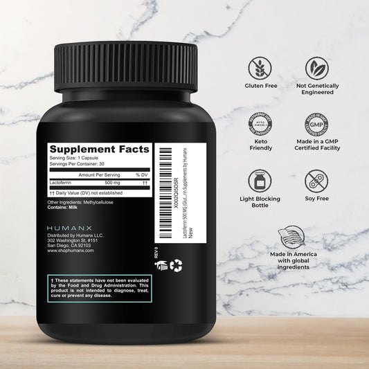 HUMANX Lactoferrin 500mg bottle label shows gluten-free, non-GMO, and soy-free attributes
