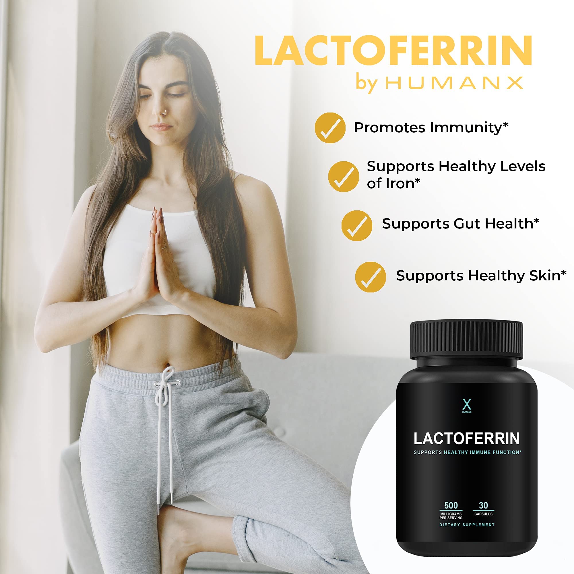HUMANX Lactoferrin 500mg capsules presented for easy daily iron utilization support