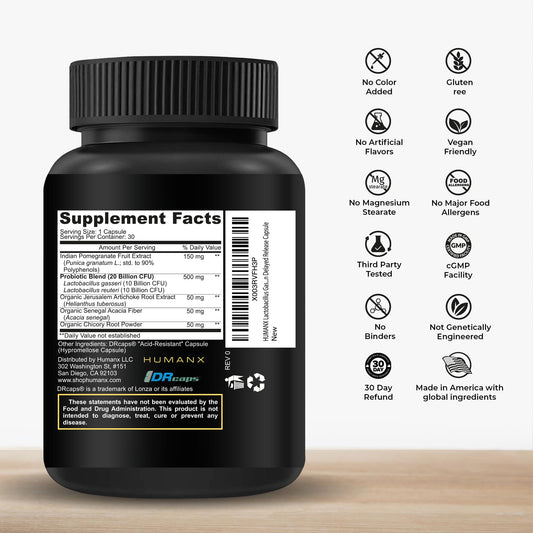 HumanX organic prebiotics and Punicaligans matrix supports probiotic activity.
