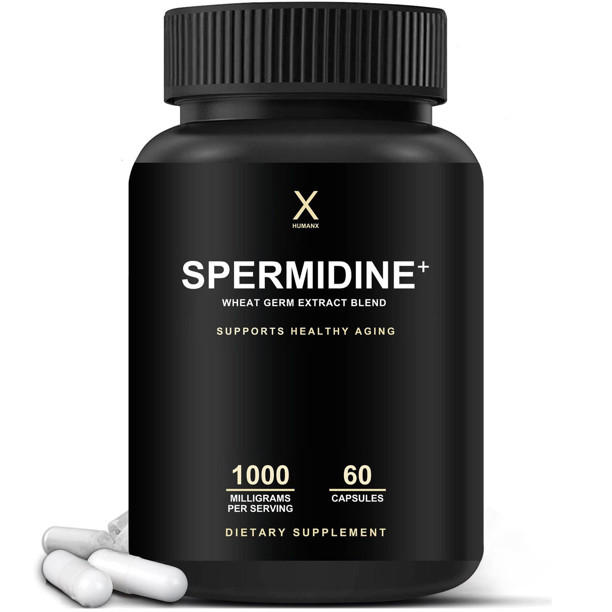 HUMANX Spermidine+ bottle front with autophagy-like support label.