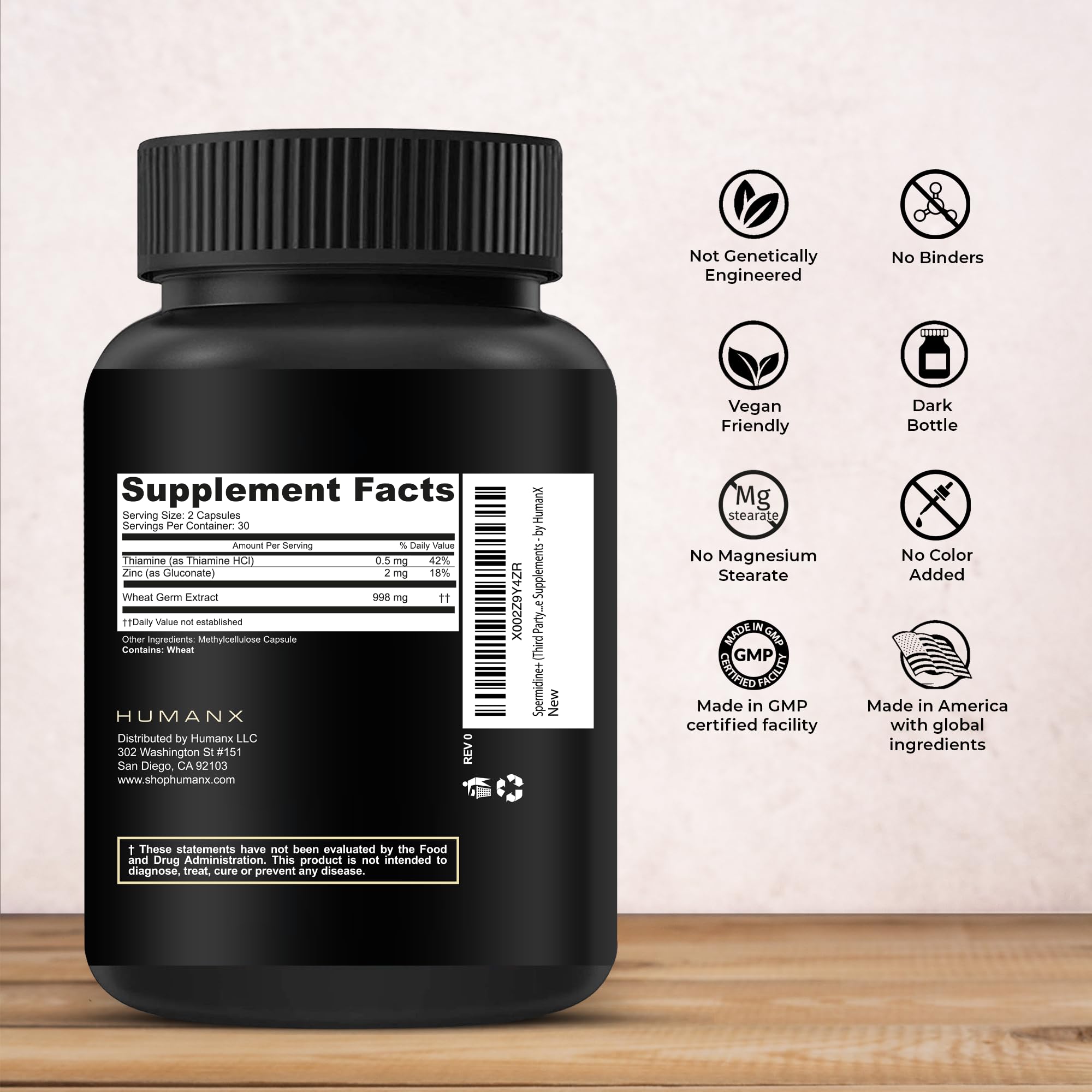 HUMANX Spermidine+ capsules close-up, non-GMO formula enriched with zinc.