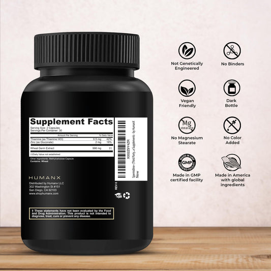 HUMANX Spermidine+ capsules close-up, non-GMO formula enriched with zinc.