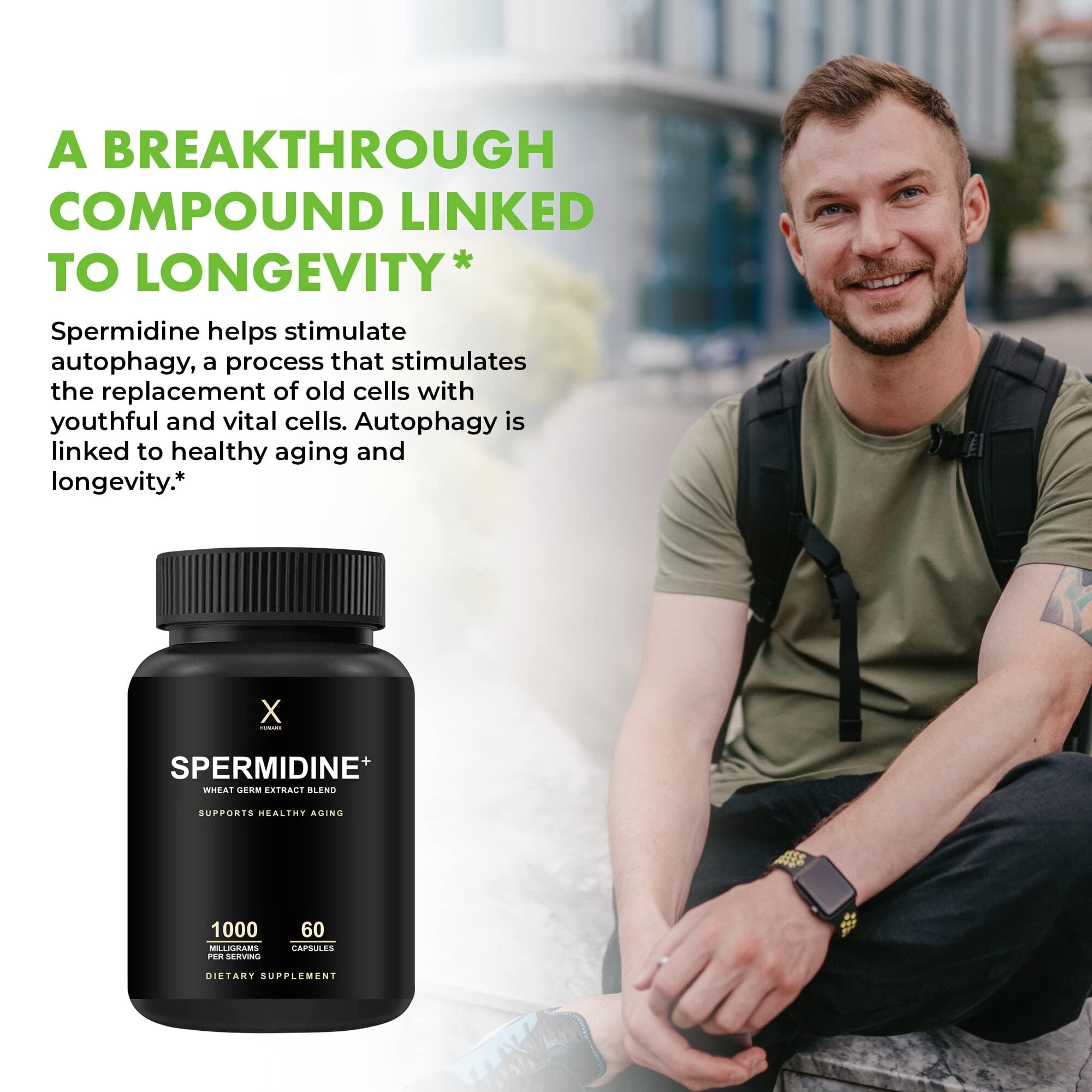 HUMANX Spermidine+ zinc-science icon graphic suggests zinc benefits.