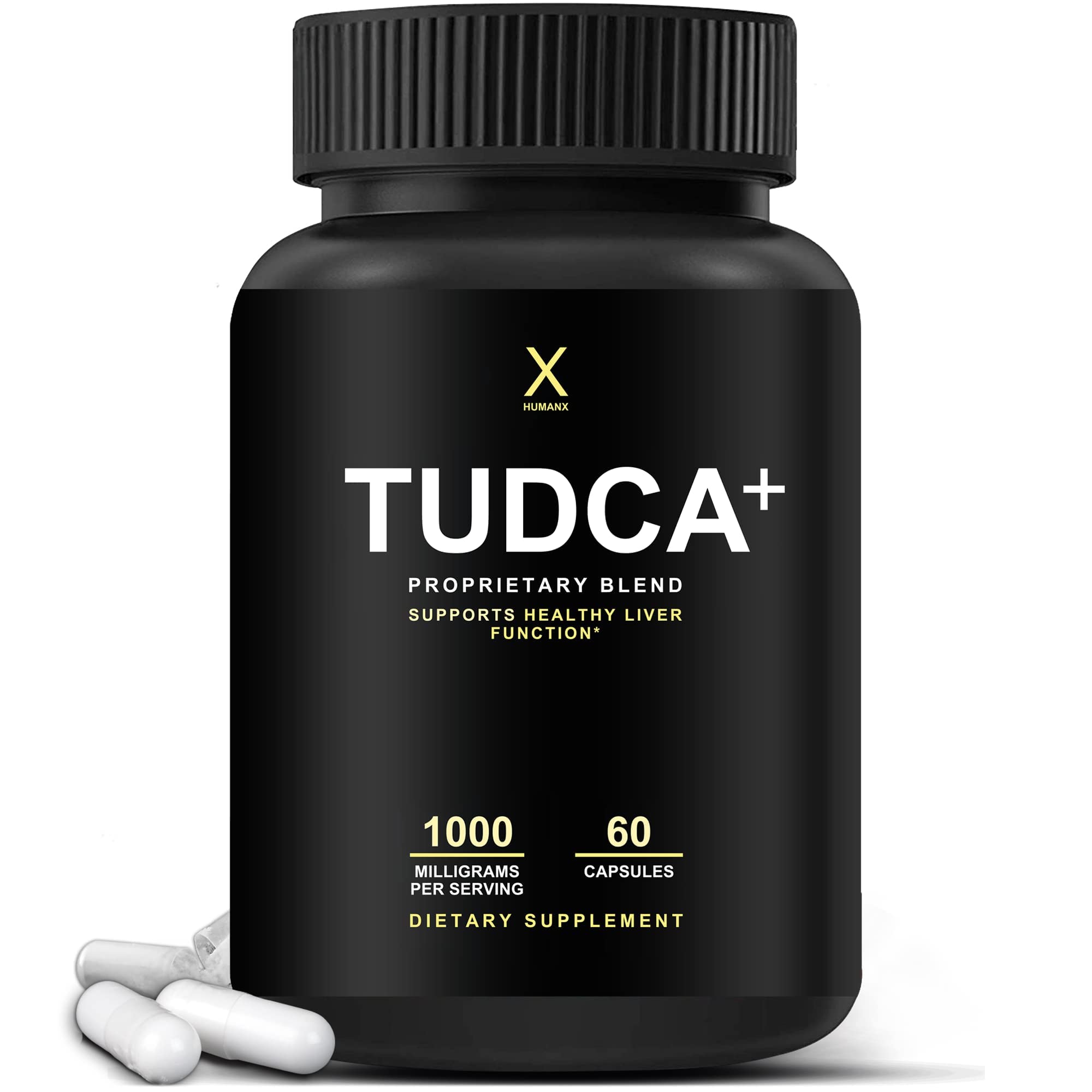 HumanX Tudca+ bottle front view showing vegan liver support supplement.